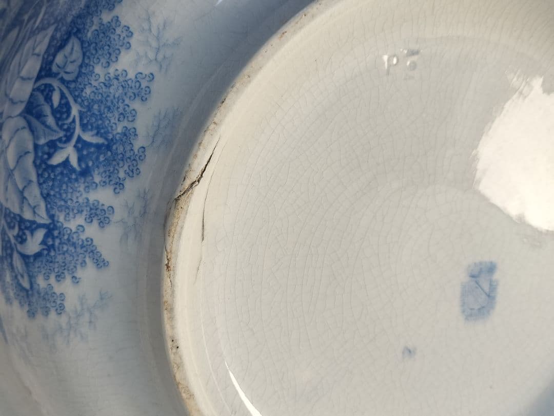 アンティーク　フランス　青い花柄 陶器　大きい　1900年　サルグミンヌ　ボウル