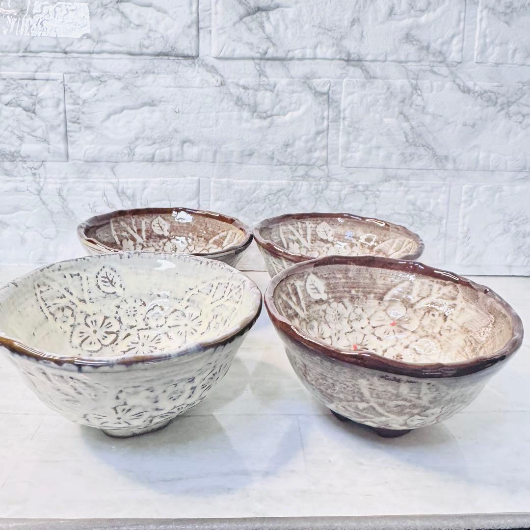 新品 萩焼 抹茶碗 4個セット 白萩 割高台 茶道具 貫入 陶器 伝統工芸