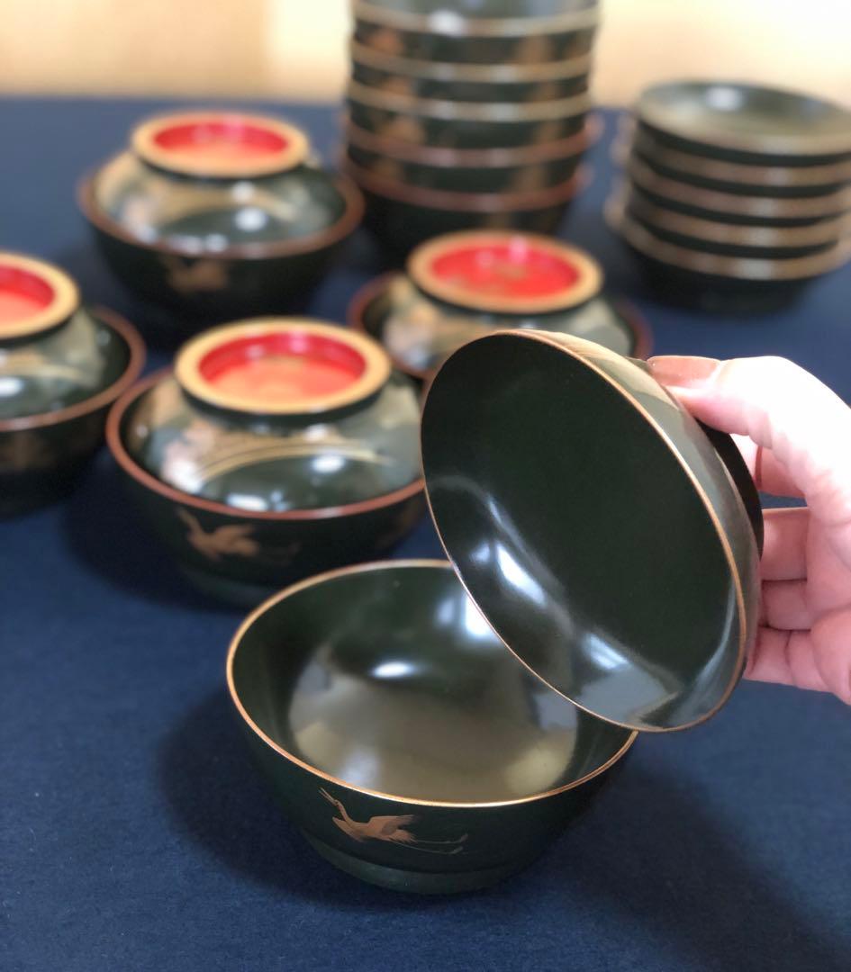 ❗️割引《R》青漆内朱 若松鶴蒔絵 菓子椀10客 木製漆器 木箱　250904H2