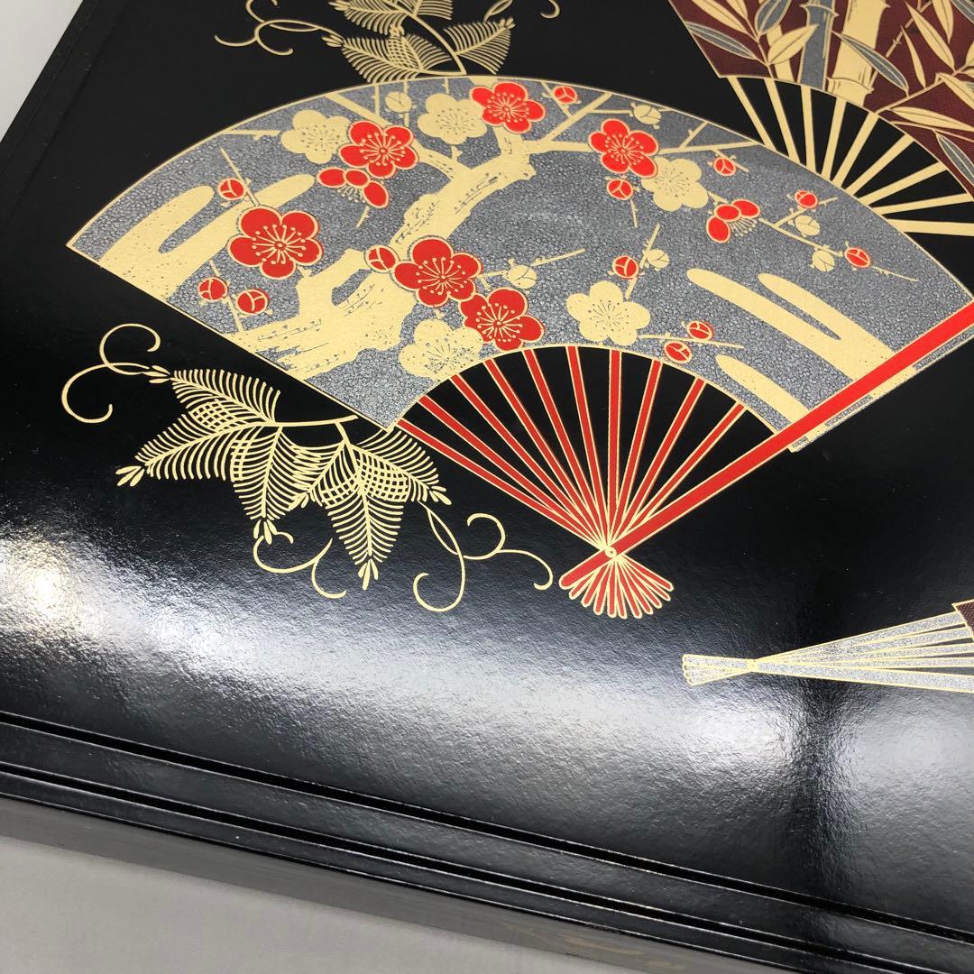 味の名門紀文木製漆塗りおせち料理重箱梅の花竹扇子柄30cm文箱ビンテージ小物入れ