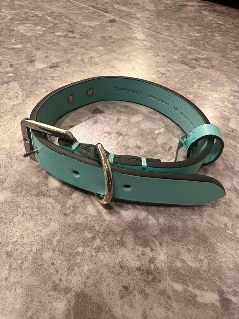 Tiffany & Co. 水色 レザー首輪 ティファニー ターコイズ Mサイズ