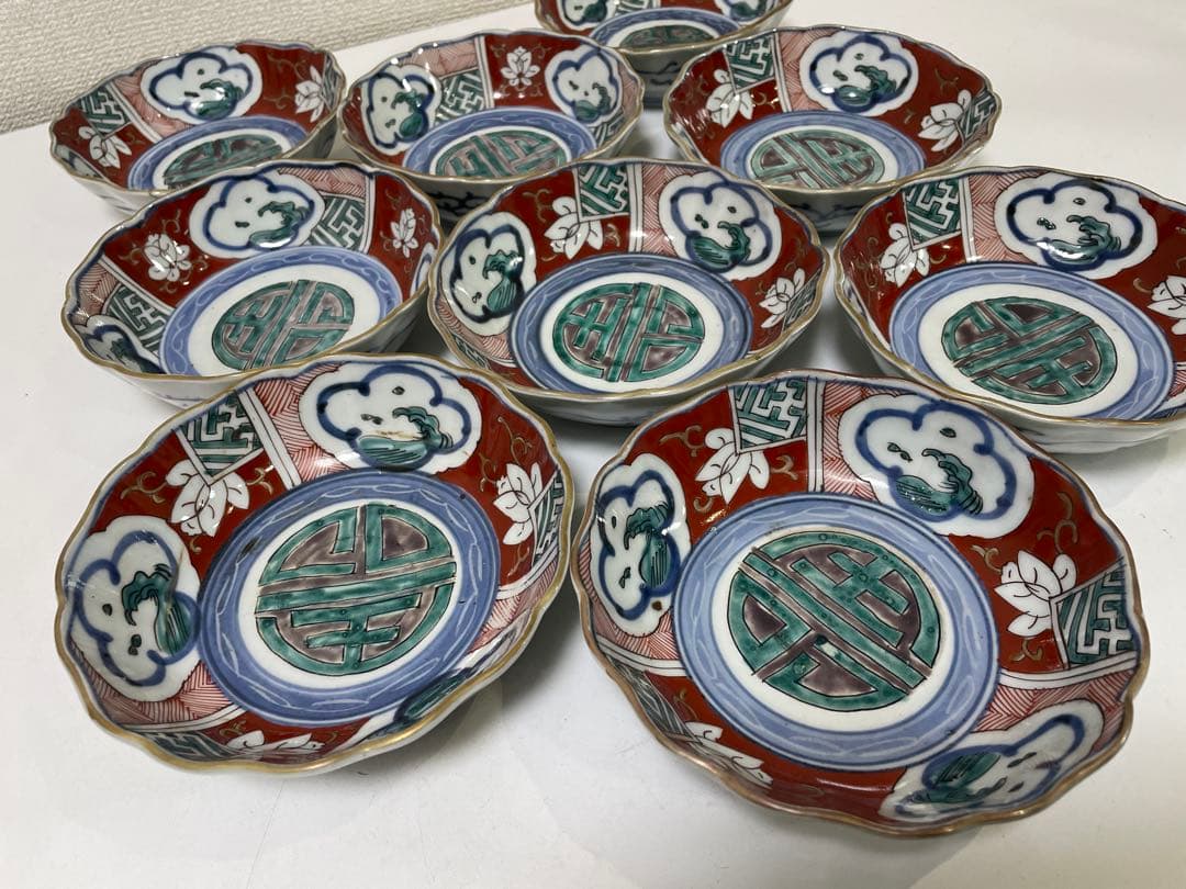 【現状品】古伊万里 錦手 色絵 菓子器 皿 アンティーク 時代物 9客 ②