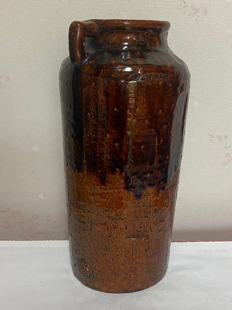 ♦希少！大樋焼 時代物 飴釉箆面取り 双耳壺 瓶 華道 茶道具 花生け 骨董品