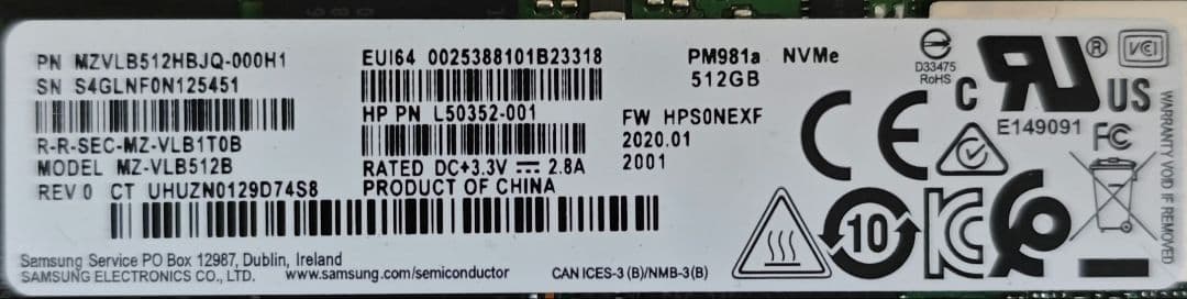中古品 SAMSUNG NVMe SSD 512GB