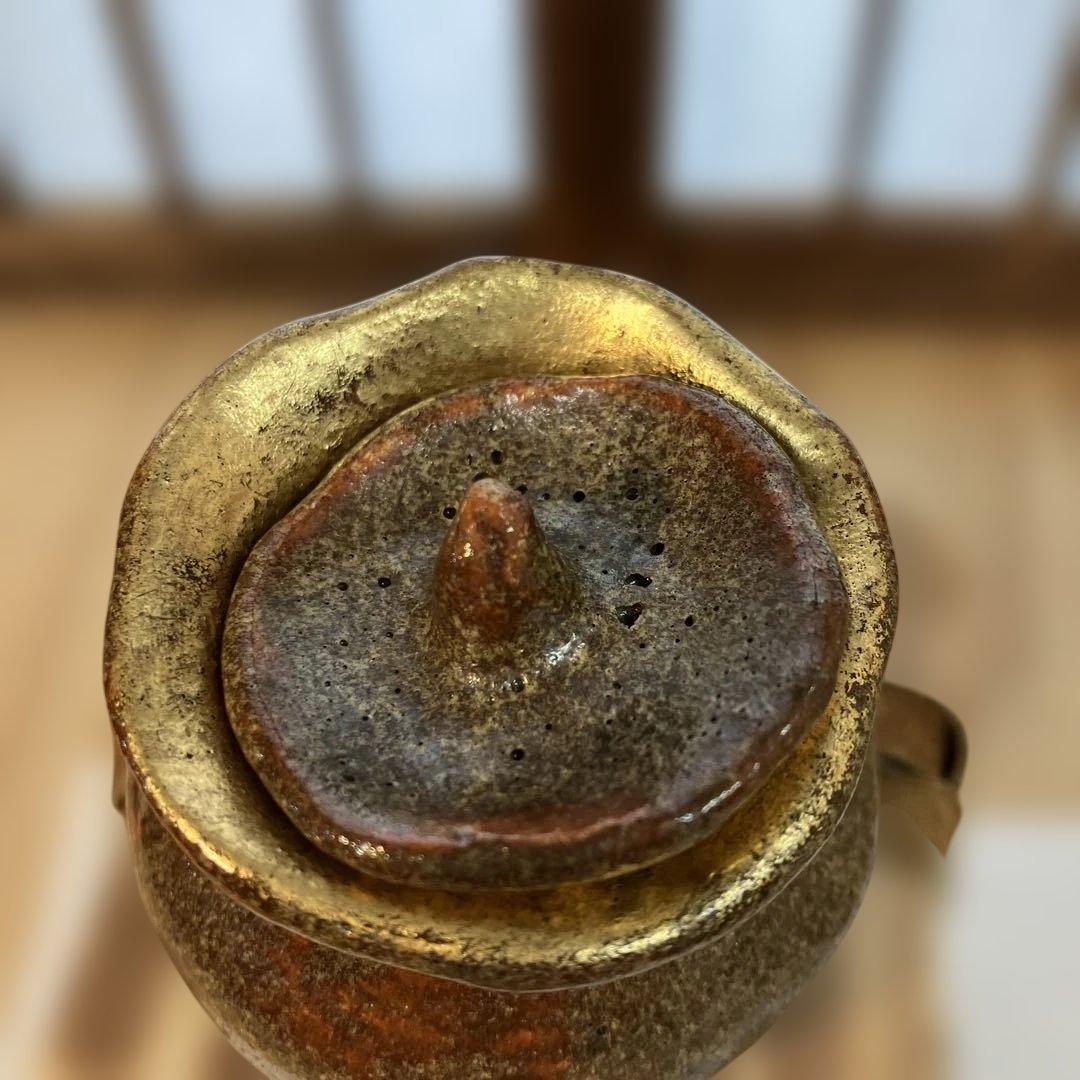 茶道具　飴楽　宝袋香合　楽印　箱書　半古斎　本体内側が金色　共箱　S62KG