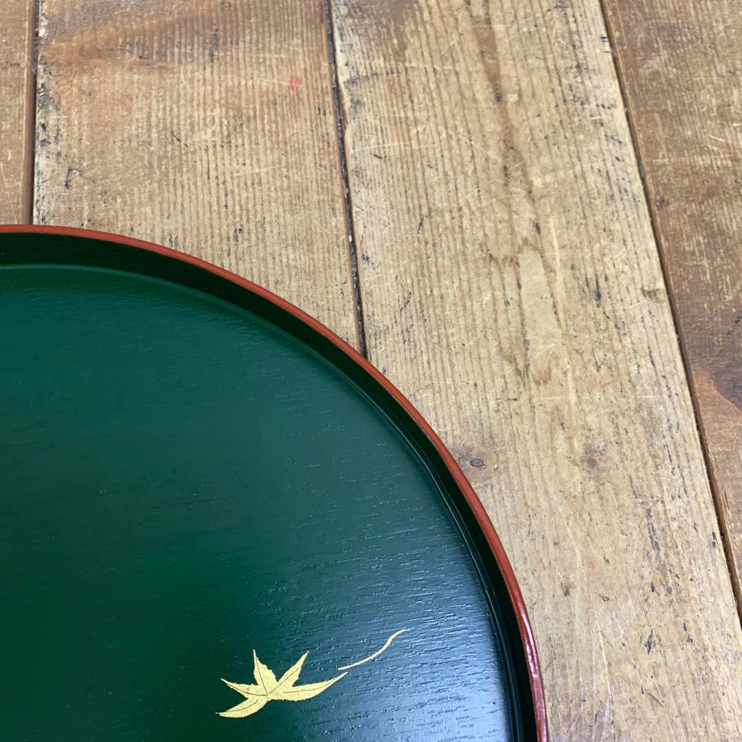 D-5 【美品】漆器 丸盆 変形型 深緑 金彩紅葉 和食器 伝統工芸 金彩 もみ