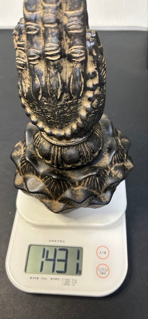 細工彫刻石合掌像蓮華台　縁起物、金運、美術品、旧家蔵出し、お守り、古美術、仏教