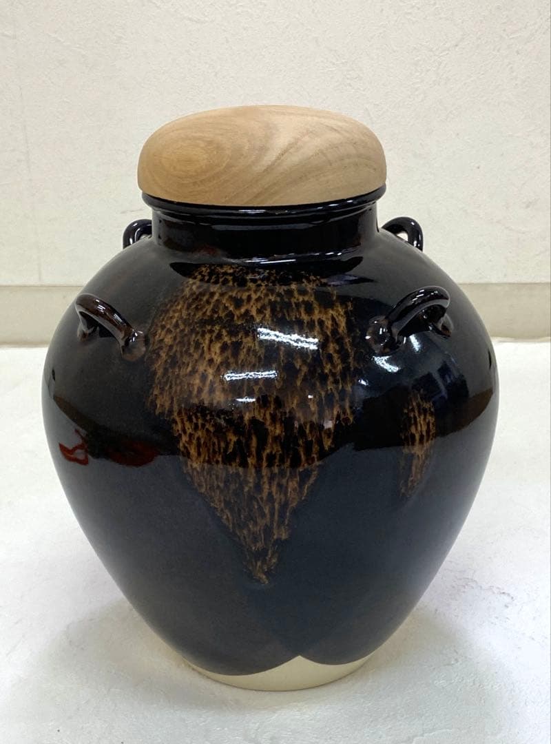 茶壷 飾壷 天目釉 洛東 草山作 飾り網 三本紐 共箱 茶道具