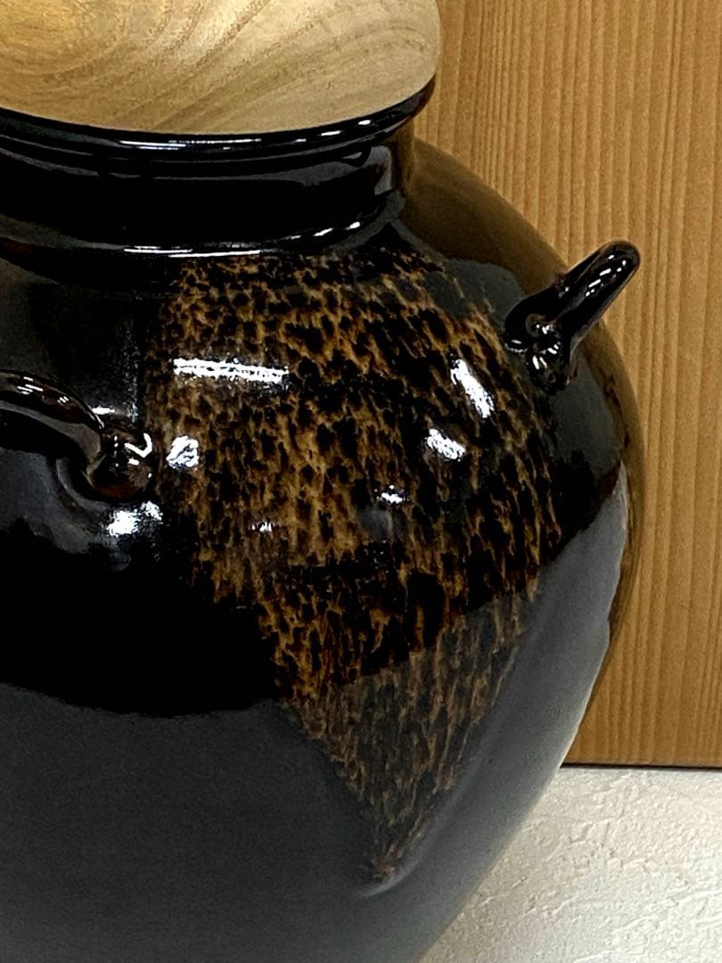 茶壷 飾壷 天目釉 洛東 草山作 飾り網 三本紐 共箱 茶道具