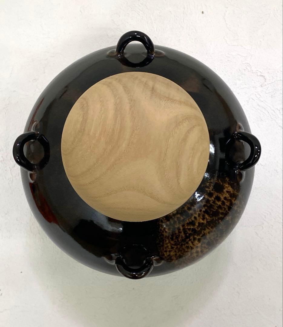 茶壷 飾壷 天目釉 洛東 草山作 飾り網 三本紐 共箱 茶道具
