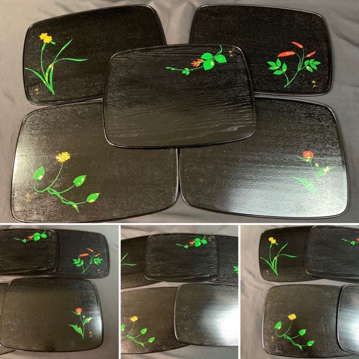 D570 送料無料　折衷膳　5客セット　草花　御膳　盆　在銘　共箱　木製