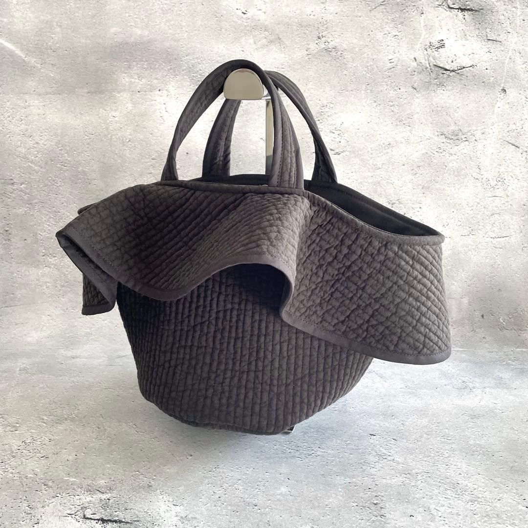 フリル付き丸底マルシェバッグ　ヌビバッグ　ブラック　ハンドメイド