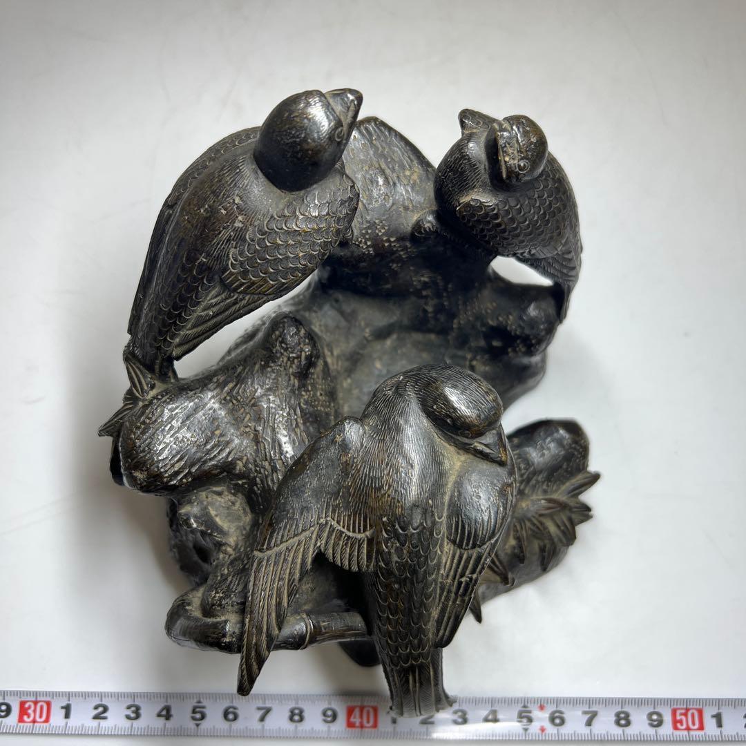 古銅　雀文置物　幅約15㎝2285g 木箱付　東Y8-0306☆2Fトトカヒ