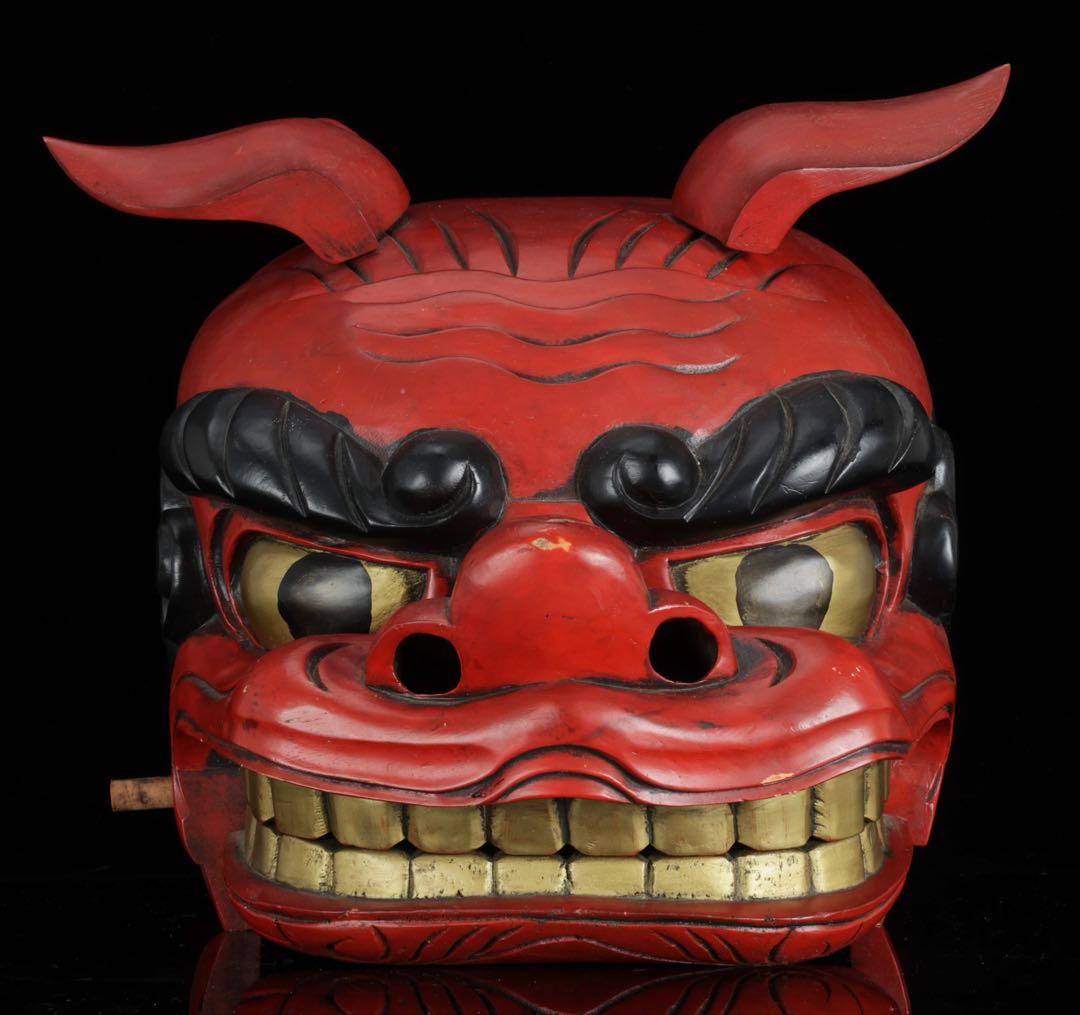 な*み様 時代物 木彫獅子頭 朱漆塗金彩 幅34cm 獅子舞 神楽面 魔除 縁起