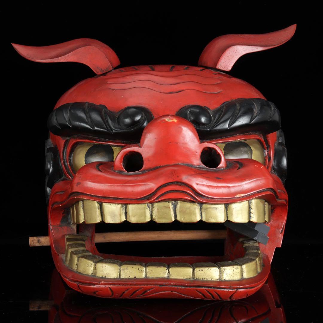 な*み様 時代物 木彫獅子頭 朱漆塗金彩 幅34cm 獅子舞 神楽面 魔除 縁起