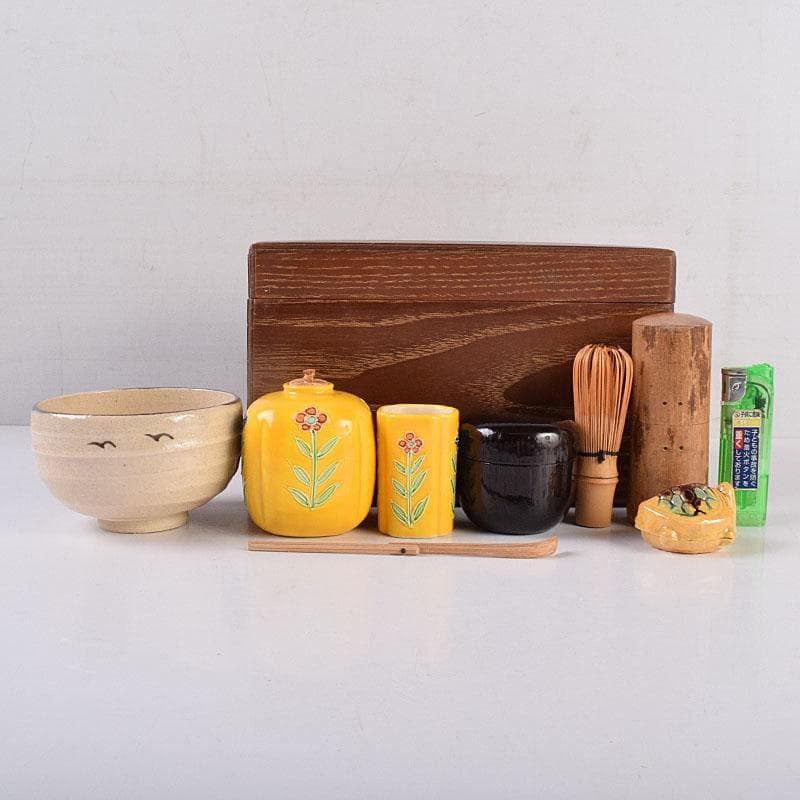 茶道具　桑茶箱　鉄絵草文　茶碗　黄交趾花文　振出など　九点　一式　M　R8950