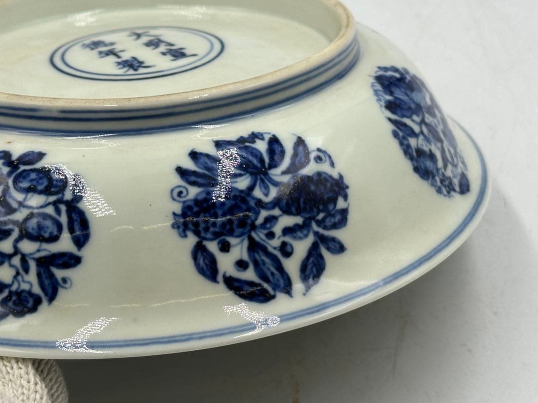 明宣德青花中皿 染付皿 大明宣德年製 中国美術 長 18cm