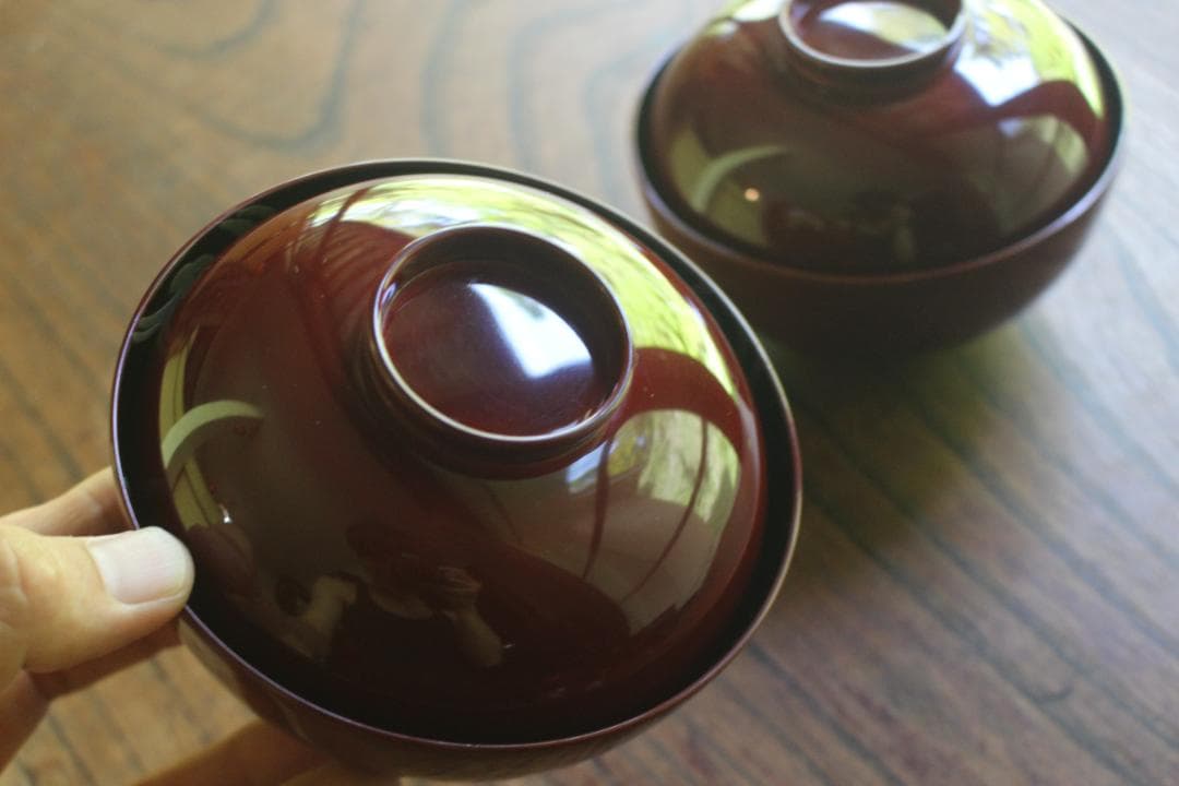 小傷有！時代紅溜塗に優美な紅白梅鶯蒔絵の映えるお椀2点（検輪島塗京塗蒔絵椀