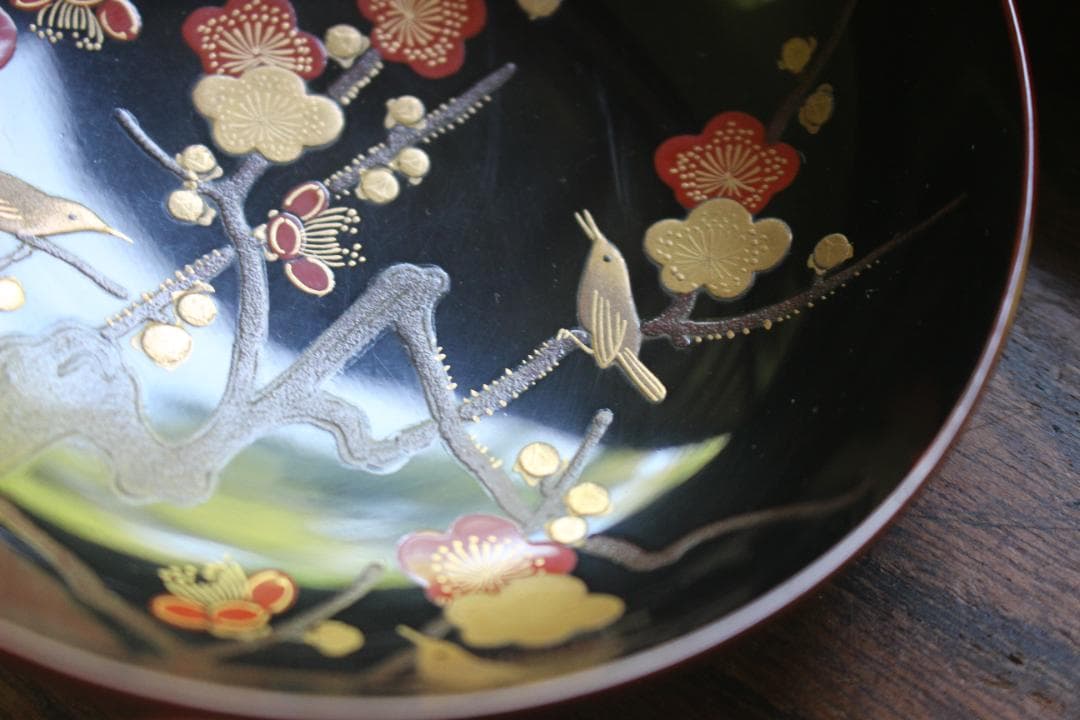 小傷有！時代紅溜塗に優美な紅白梅鶯蒔絵の映えるお椀2点（検輪島塗京塗蒔絵椀