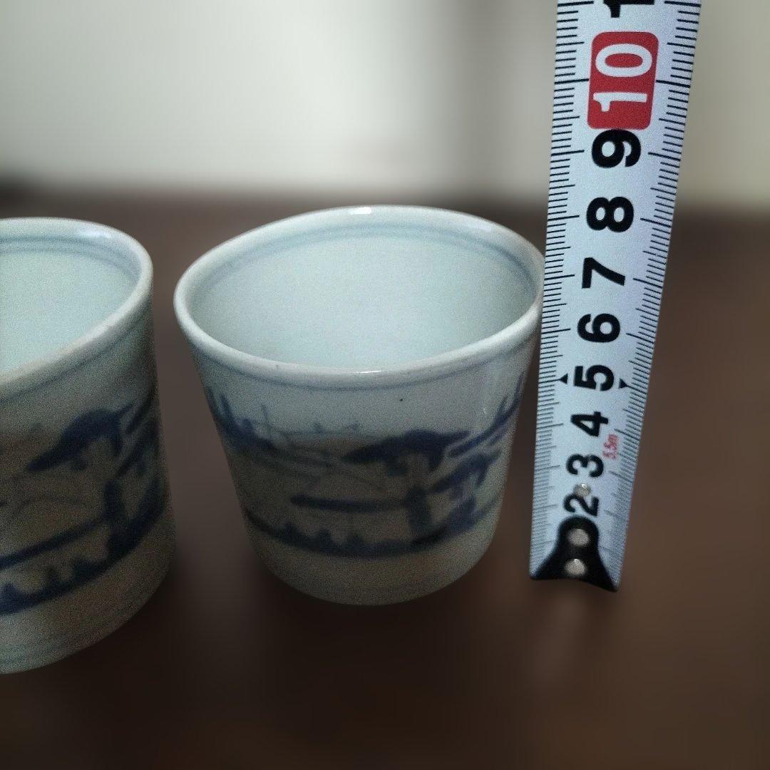 蕎麦猪口　古伊万里　染め付け　切込　風景図柄　3脚おまけ2個