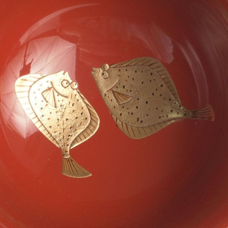 和食器　茶懐石　輪島塗　輪島屋本店謹製　朱塗魚蒔絵　盃　五客　共箱　V　9712