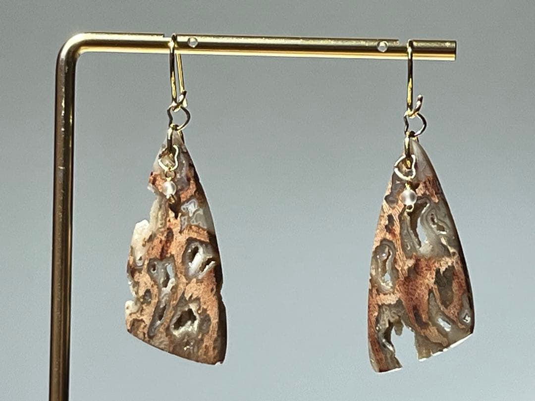＊14kgf フォッシルパームウッドwithドゥルージーポケット ピアス