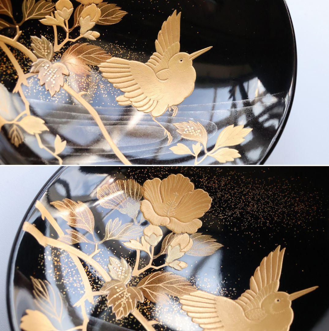 【MB278】天然木漆塗 加賀蒔絵 四季花鳥 絵変金蒔絵 黒塗厚物椀 二十客