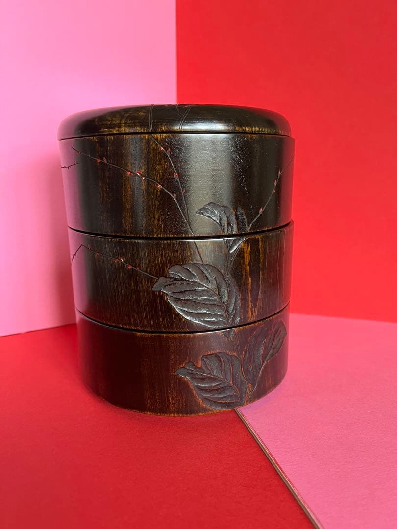 川添日記　重箱　草木彫　漆器