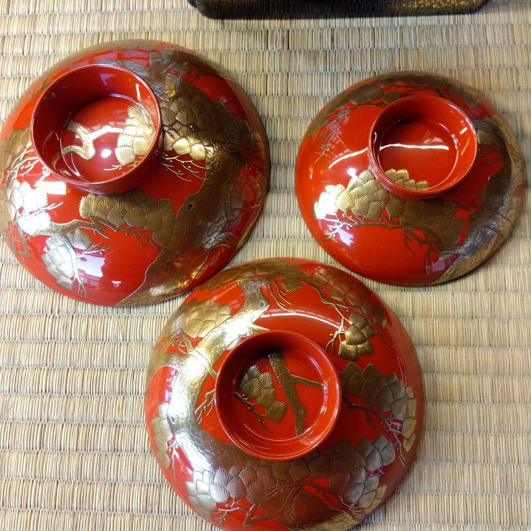 祝い盃　三ッ組盃　山水文盃台付　蒔絵鶴の図　高蒔絵松の図　共箱　極上品　漆芸