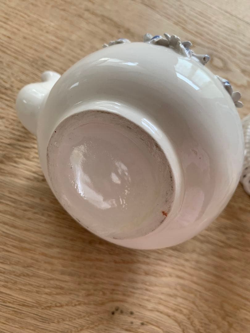 フランスビンテージ/アンティークティザンヌ※小花とリボン陶器飾※ホワイトxブルー