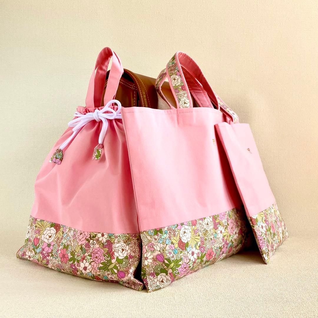 クラシカルなお花柄のレッスンバッグ と上履き入れ2点セット(ピンク)入園・入学