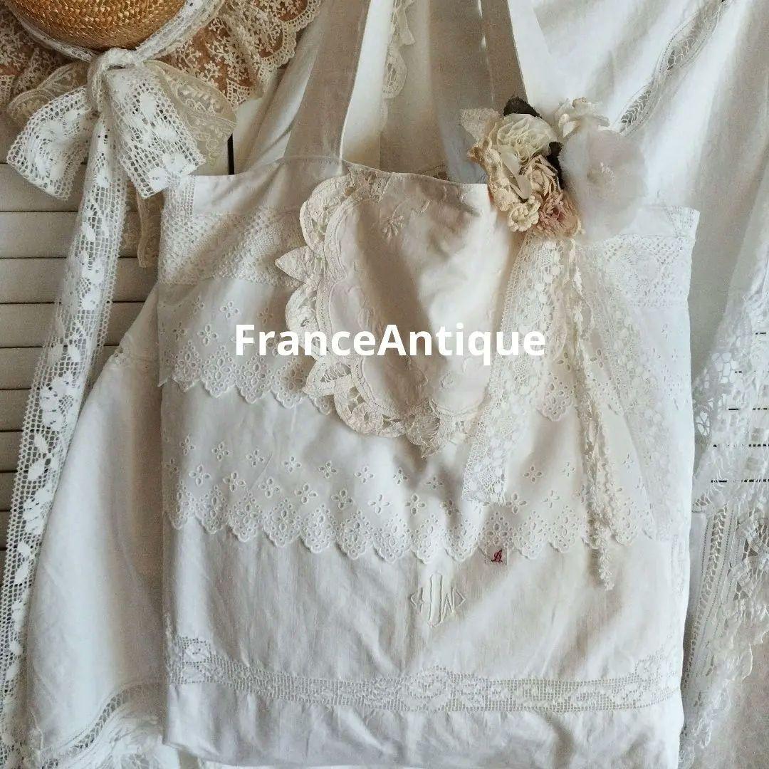 フランスアンティーク大きめリネンバッグ&ヘアーバンド2点セット*イニシャル*刺繍
