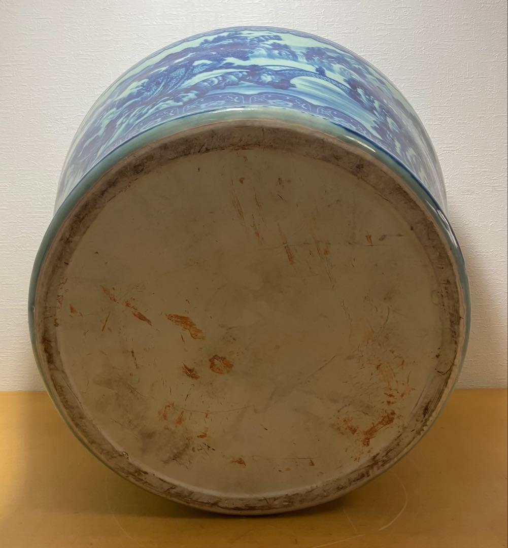 【特大46cm】火鉢 染付 山水図 陶器 骨董 時代物 睡蓮鉢 メダカ鉢